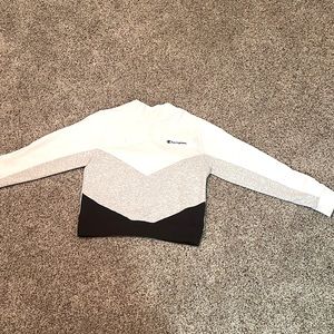 White, Black, and Grey Champion Sweatshirt. Fuzzy and comfy. Size Medium.